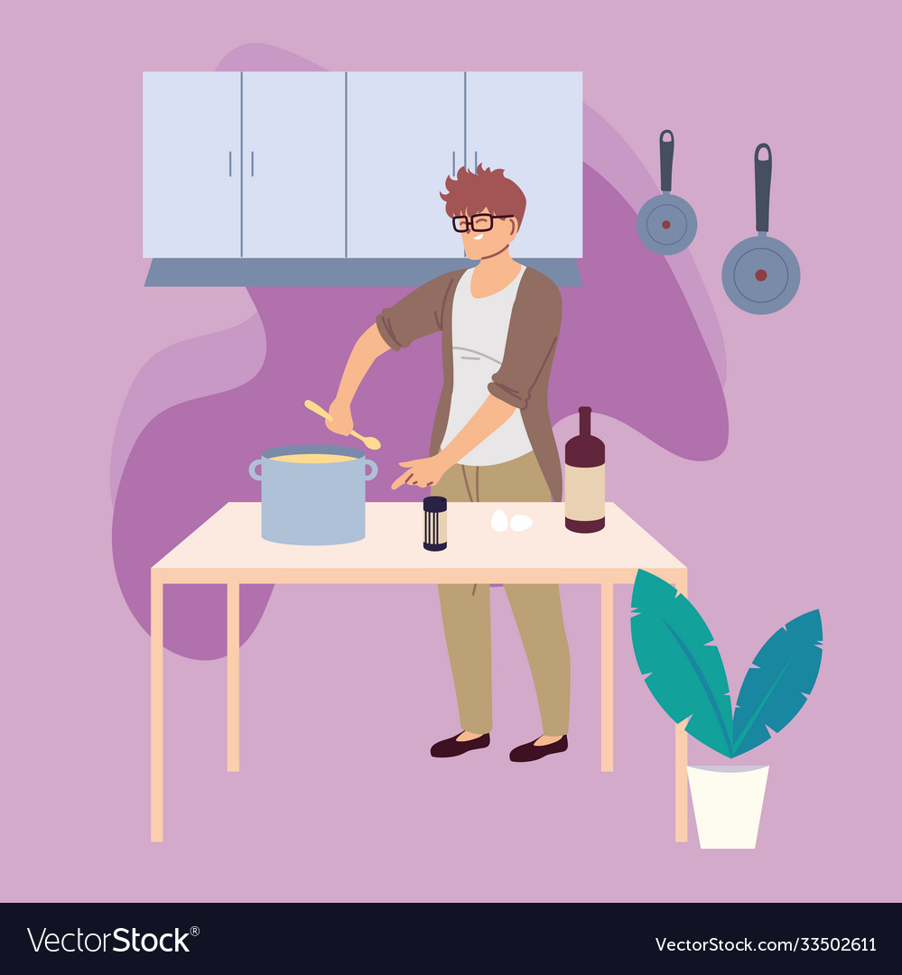Young man cooked a delicious soup in kitchen Vector Image
