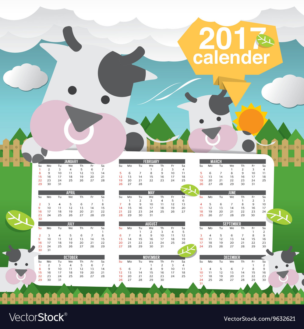2017 Printable Calendar Starts Sunday Cute Cow Vector Image 2017 Printable Calendar Starts Sunday Cute Cow Vector Image