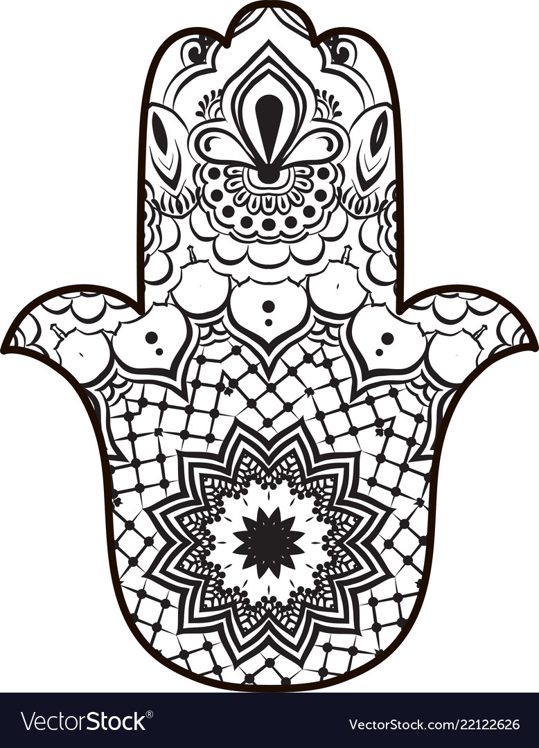Coloring Page With Hamsa With Round Ethnic Pattern