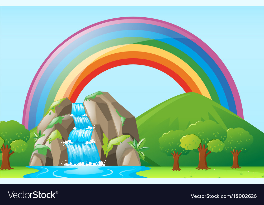 Scene With Waterfall And Rainbow Royalty Free Vector Image Beautiful waterfalls beautiful landscapes rainbow waterfall rainbow falls rainbow park waterfall scenery fire rainbow nature gif vacation places. vectorstock
