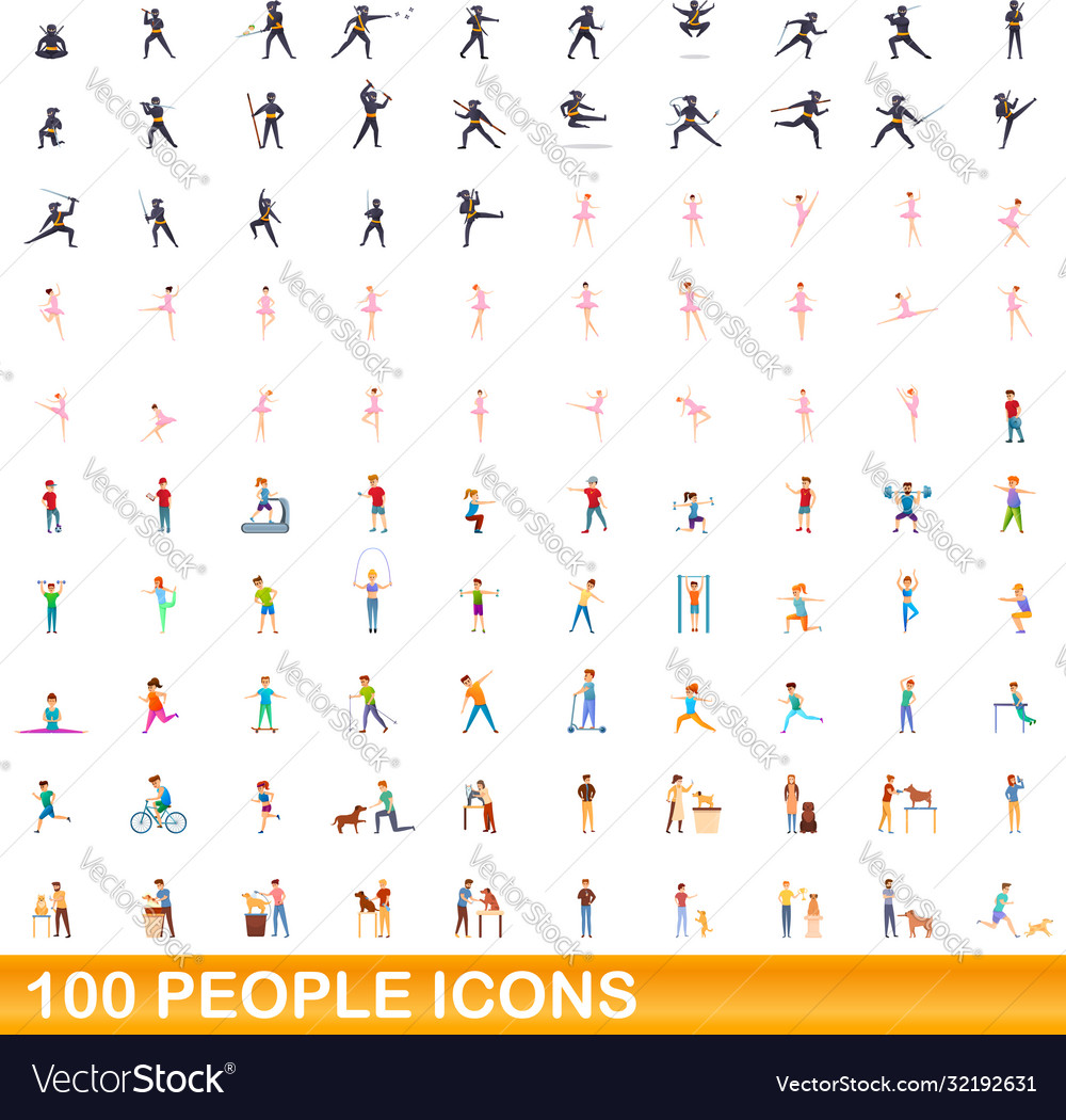 100 people icons set cartoon style