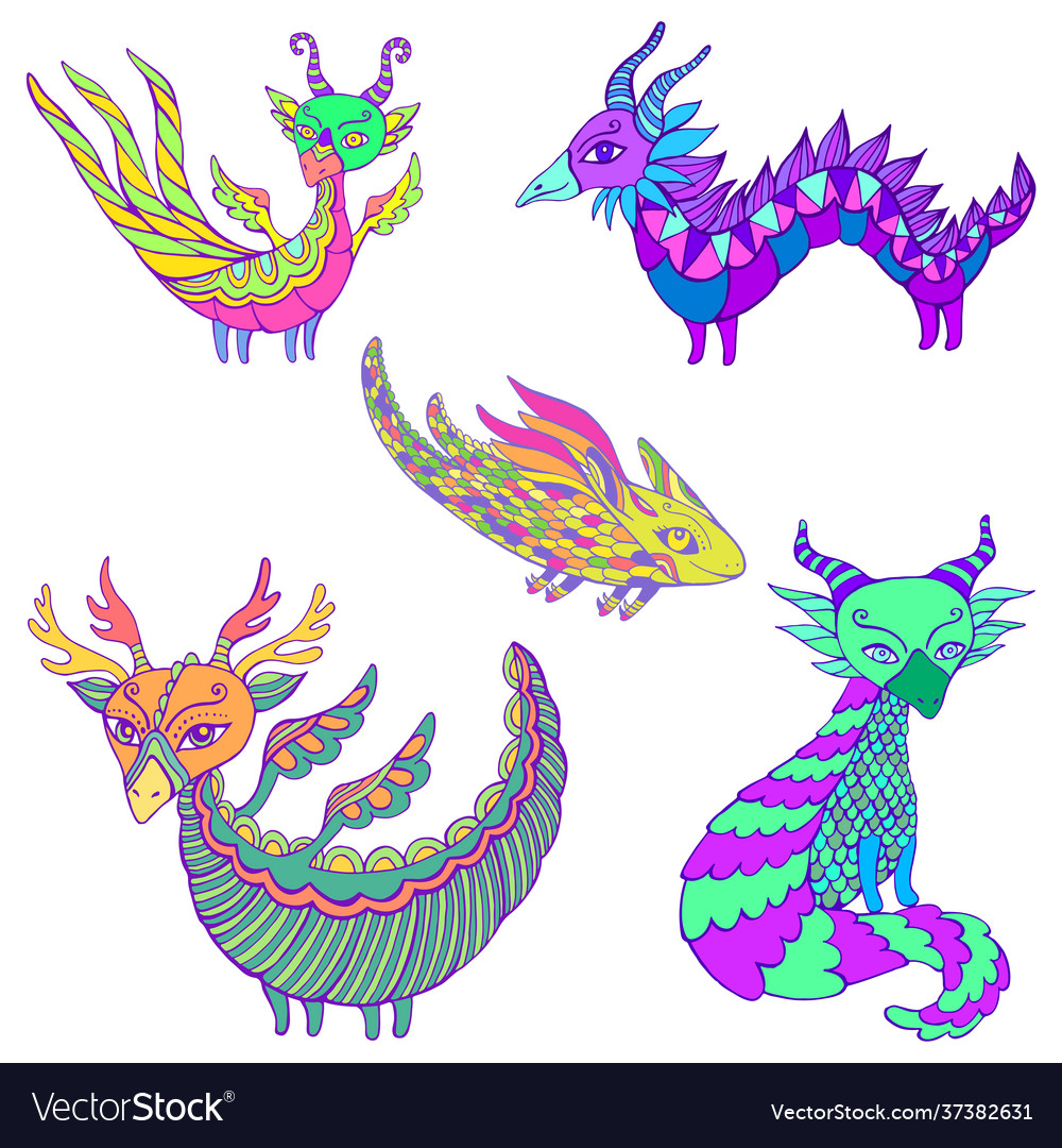 Set five colorful fantasy dragons each dragon