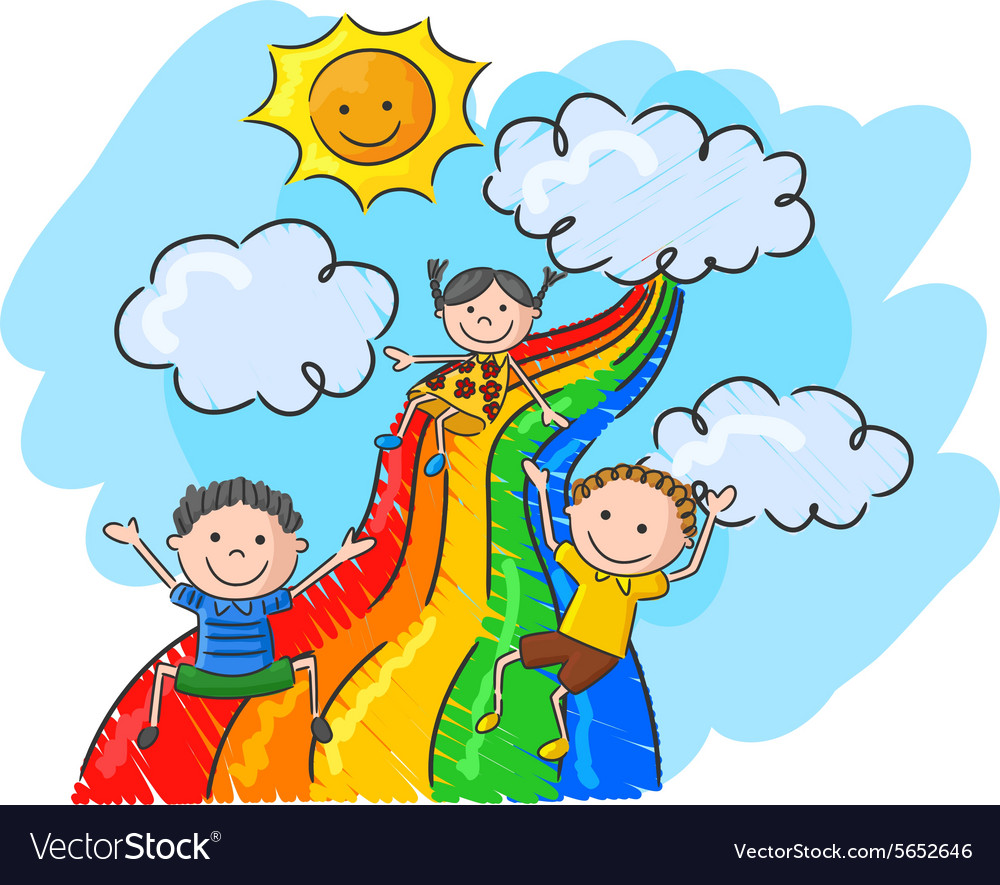 Cartoon little kids playing slide rainbow