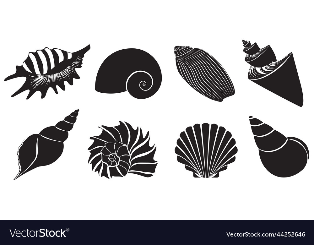 Seashell dark black silhouettes set Royalty Free Vector