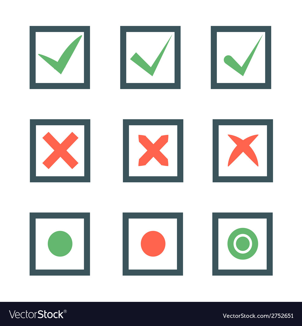 Check marks or ticks in boxes set Royalty Free Vector Image