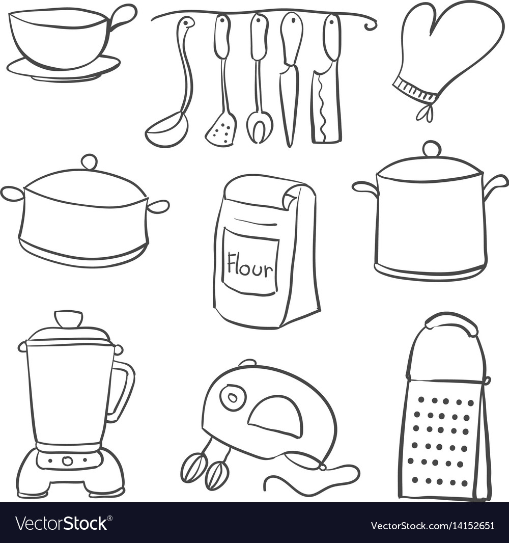 Doodle of kitchen set black white Royalty Free Vector Image