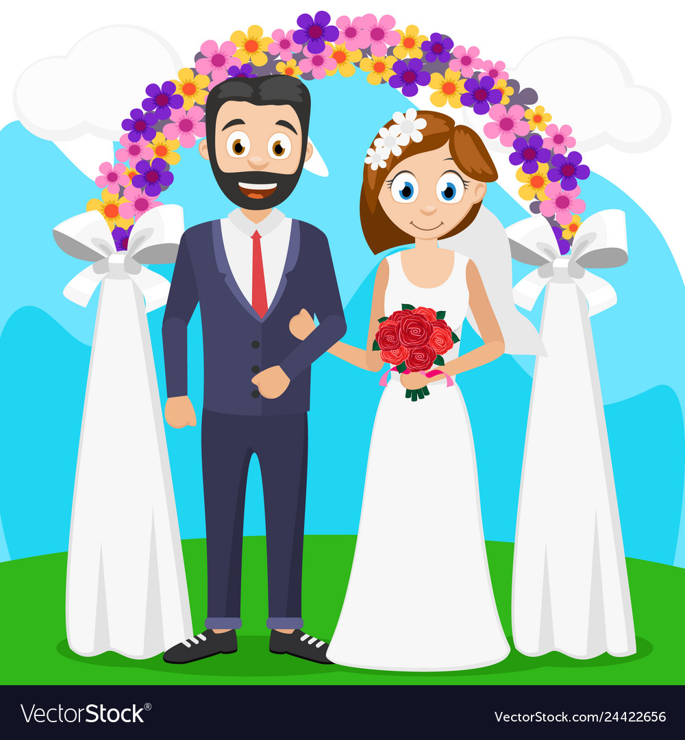 Bride and groom at a ceremony near the arch Vector Image