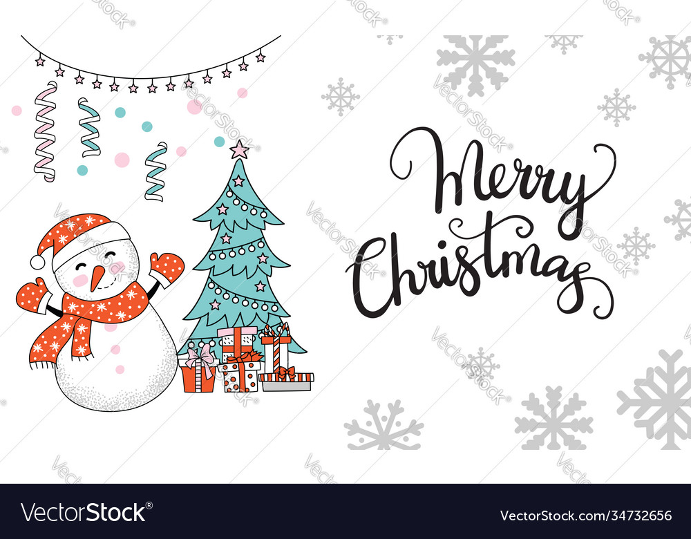 Horizontal christmas card snowman jingle bells Vector Image