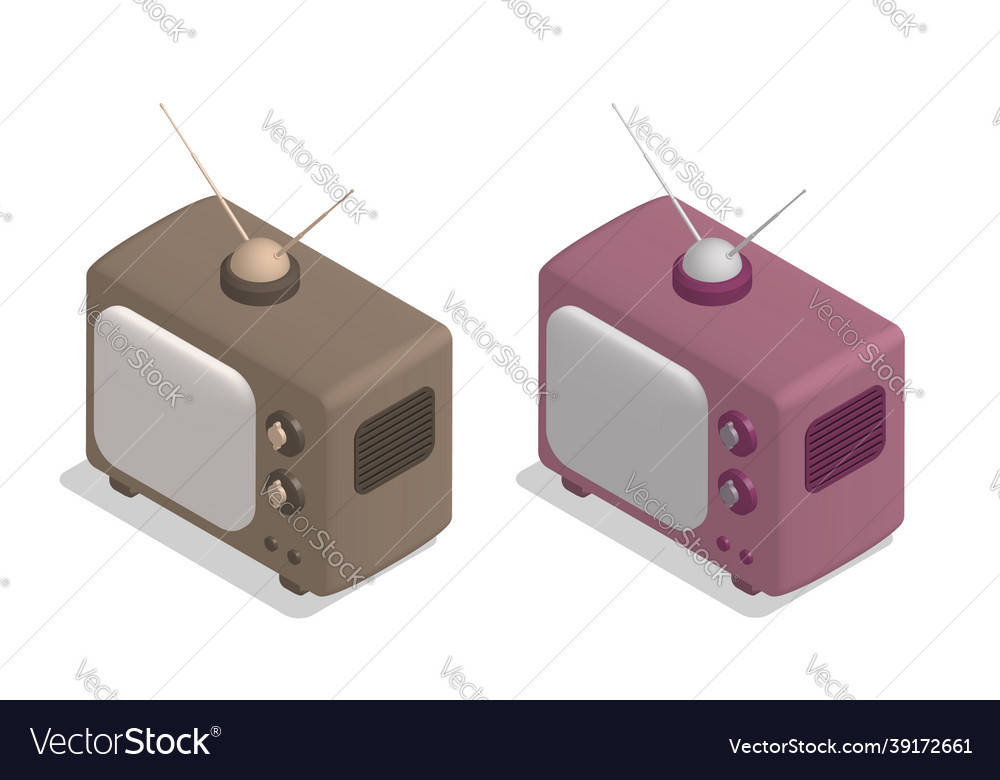 Isometric old wooden tv with antenna vintage