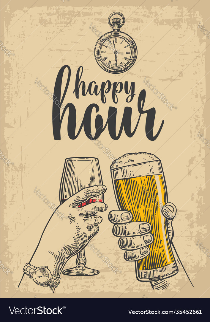 Two hands clink a glass beer and a glass vector image Two hands clink a glass beer and a glass