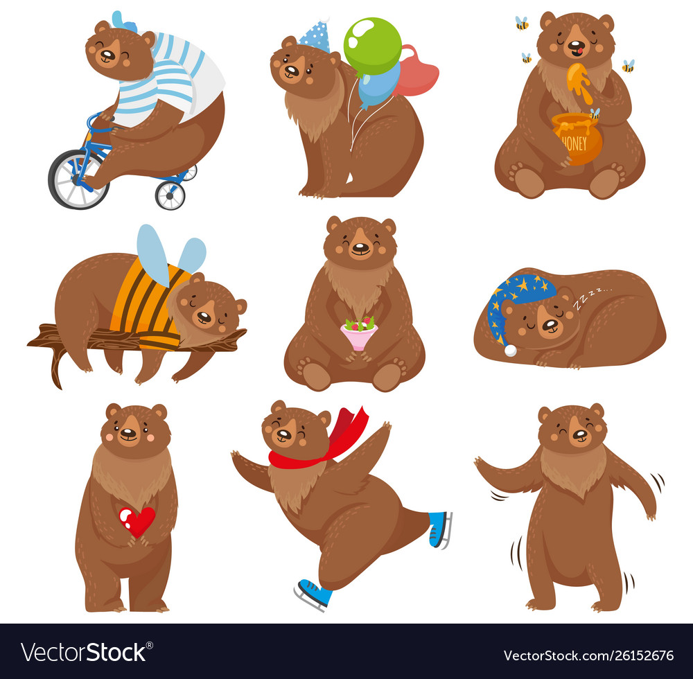 Cartoon bears happy bear grizzly eats honey Vector Image