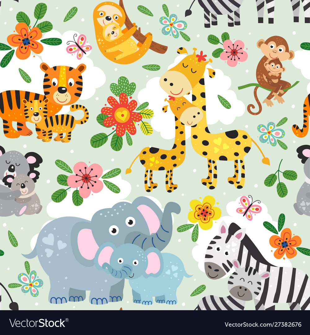 Seamless pattern with cute animals mother and baby