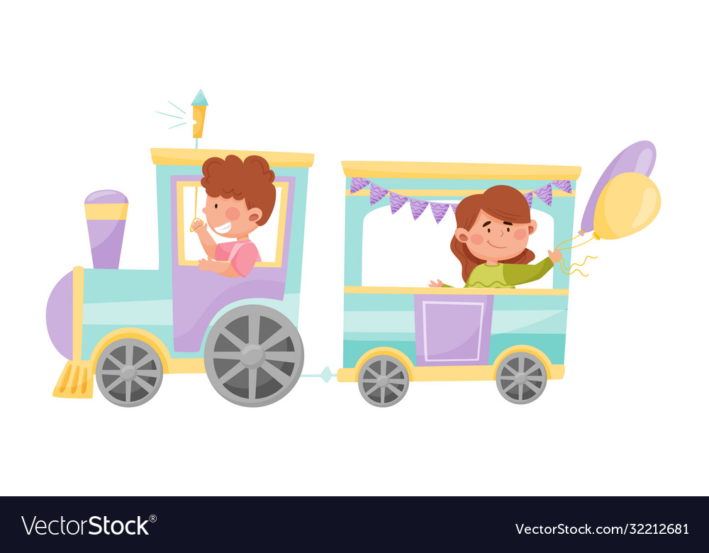 Happy little kids riding on train and holding