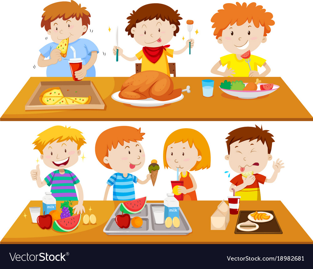 People eating different types of food Royalty Free Vector