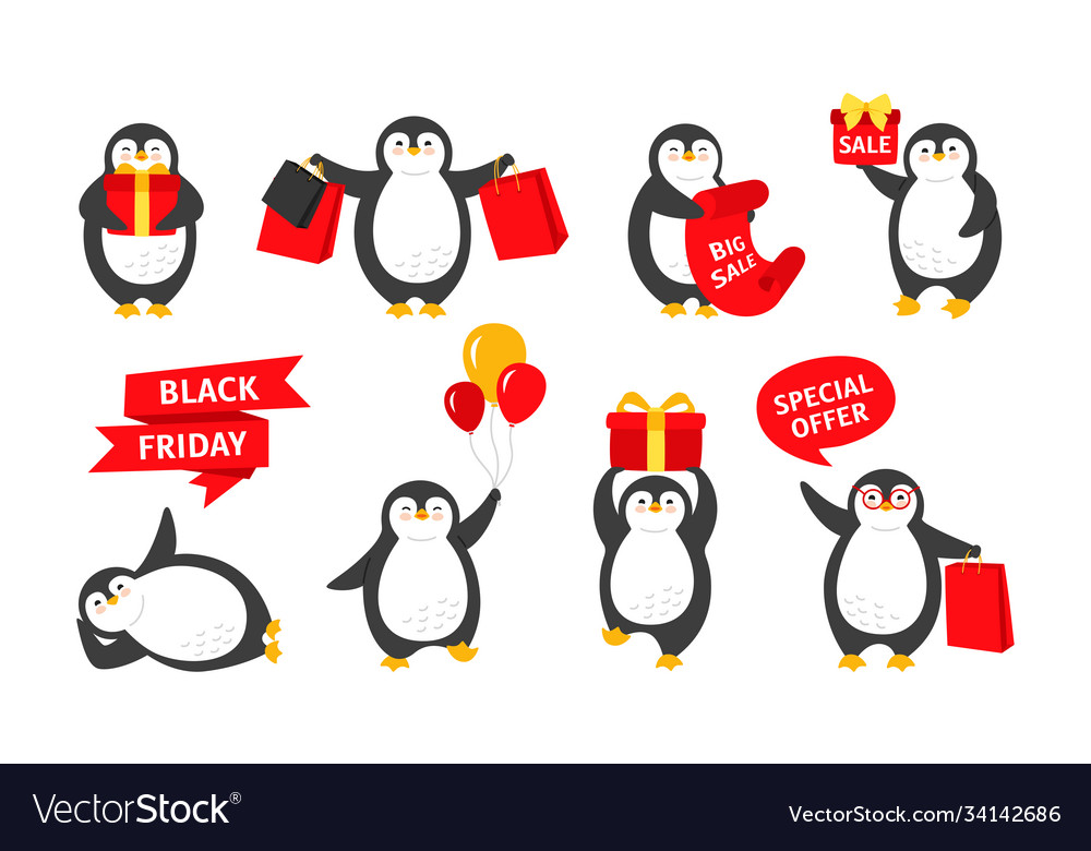 Black friday penguin cartoon set sale Royalty Free Vector Black friday penguin cartoon set sale Royalty Free Vector