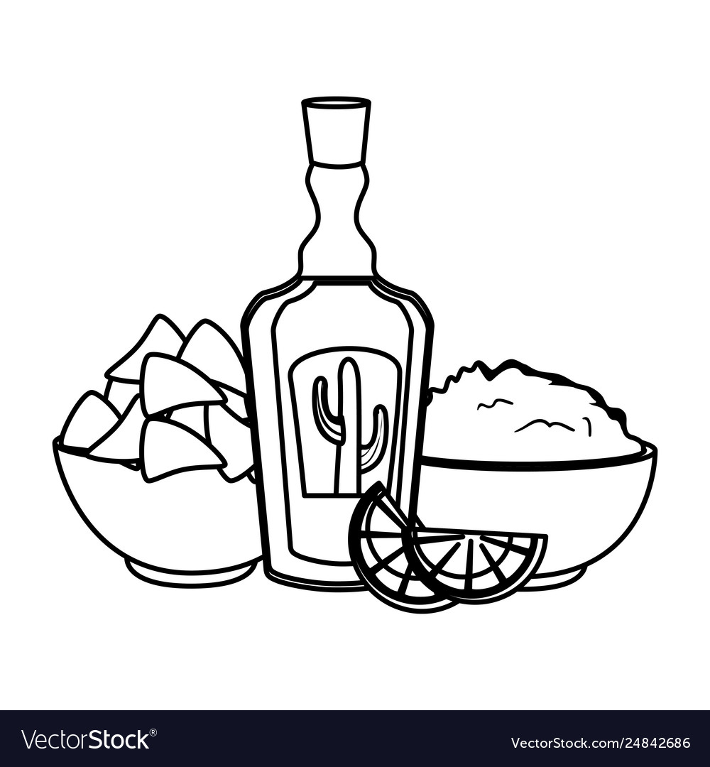 Tequila bottle with nachos and guacamole Vector Image