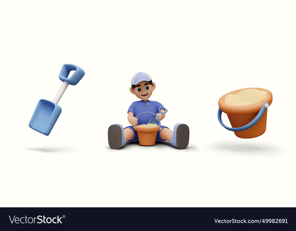 Boy is playing in sand 3d shovel bucket