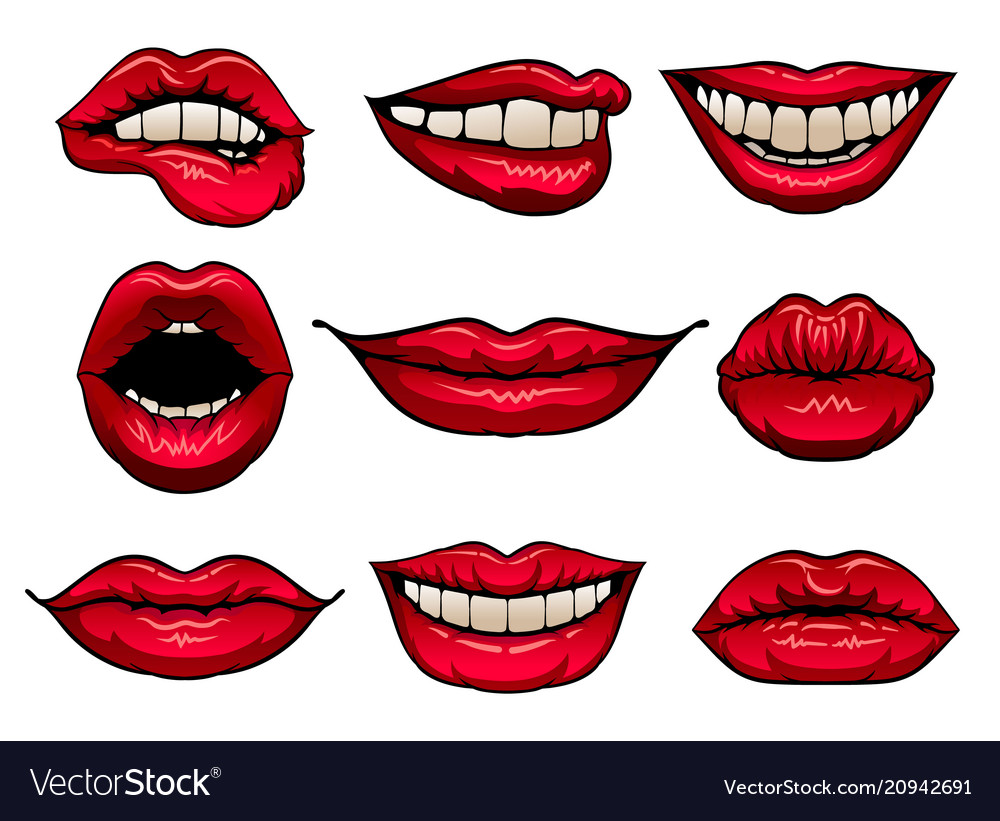 Flat set of female lips with bright red Royalty Free Vector