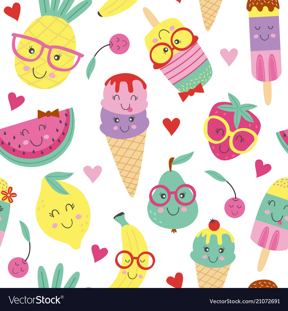 Seamless pattern with cute ice cream and fruits vector image Seamless pattern with cute ice cream and fruits