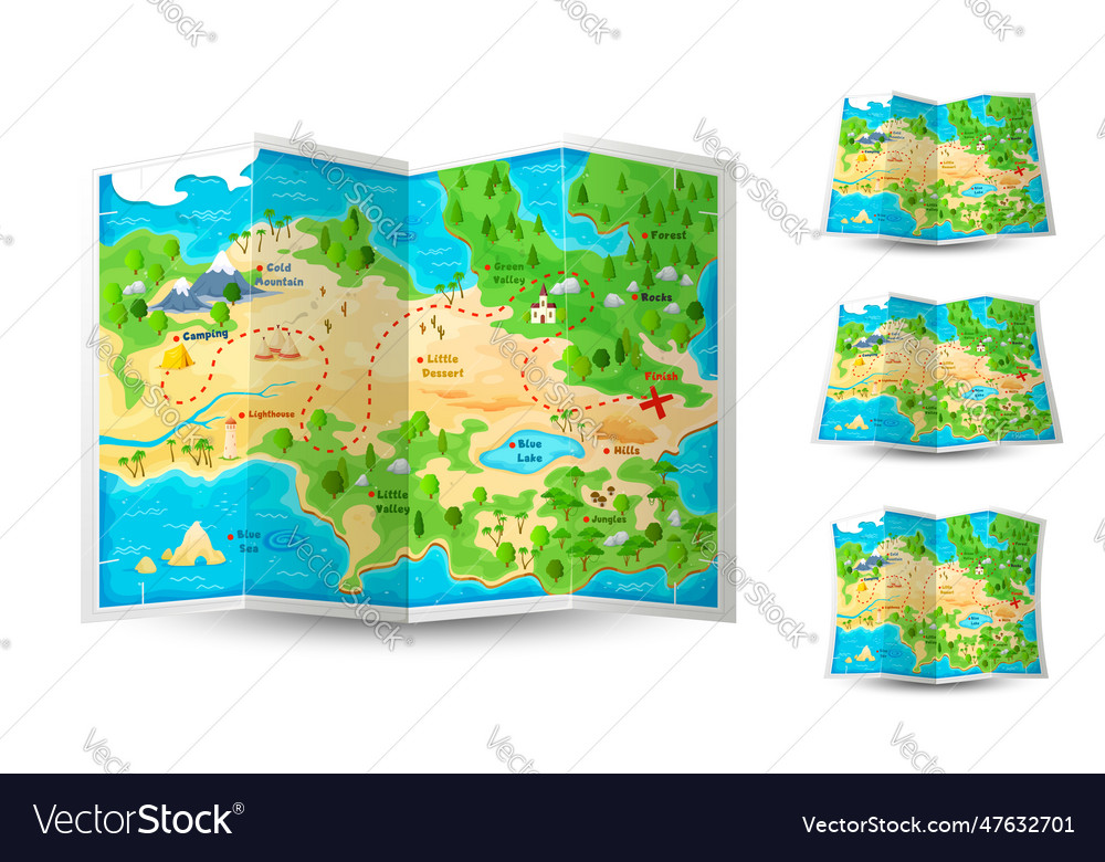 Cartoon game paper map expedition and adventure Vector Image