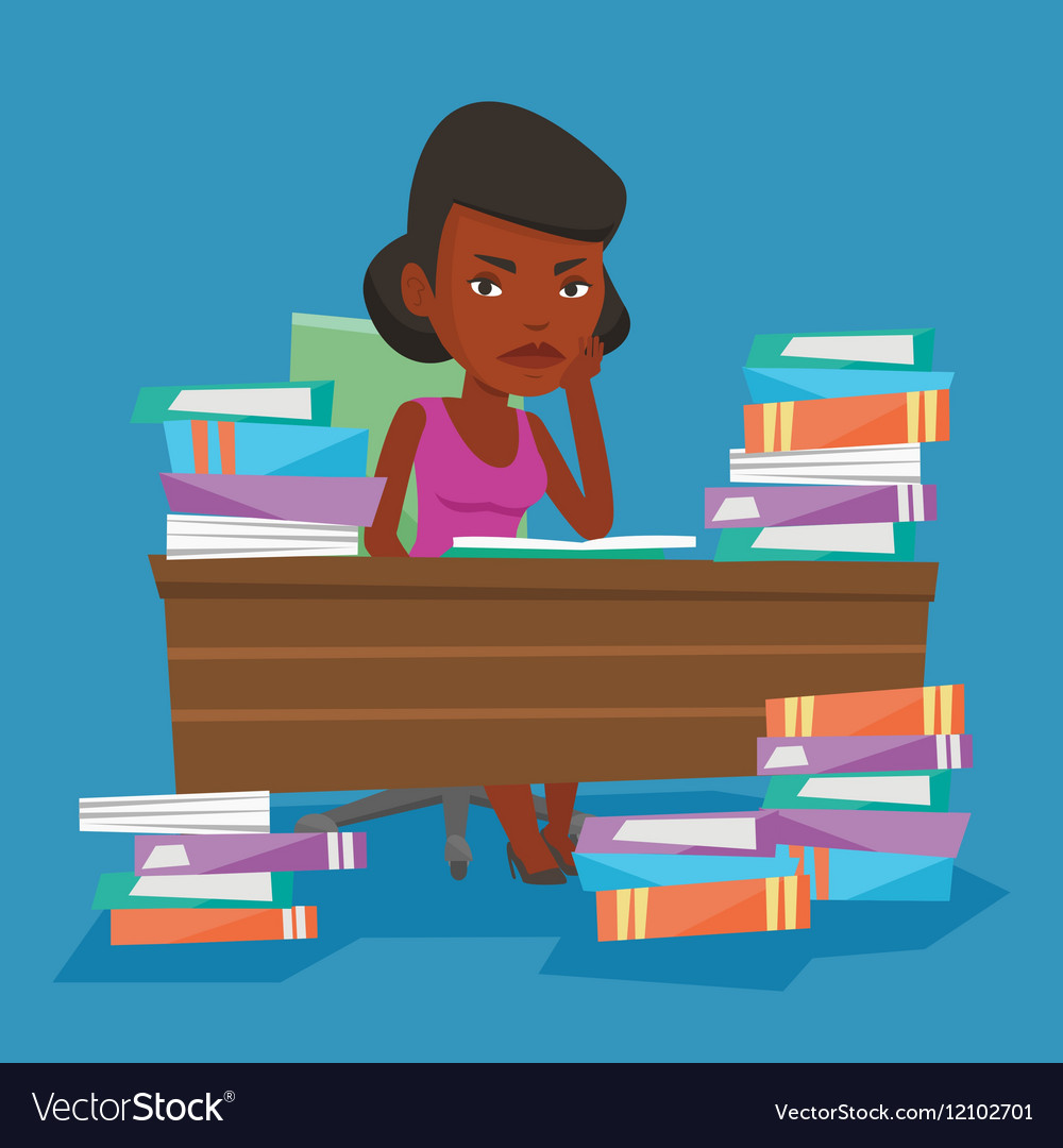 Student sitting at the table with piles of books Vector Image