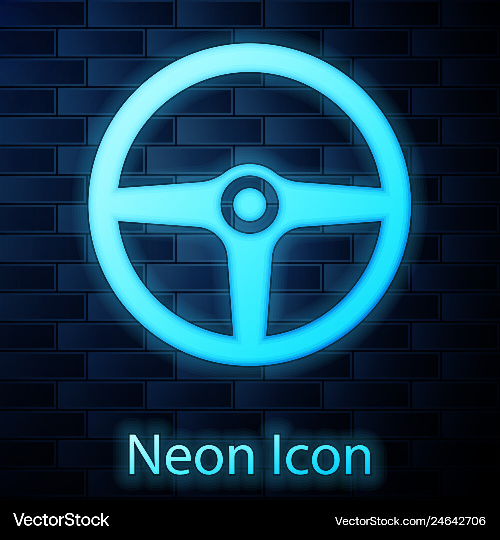 Glowing neon steering wheel icon isolated on brick