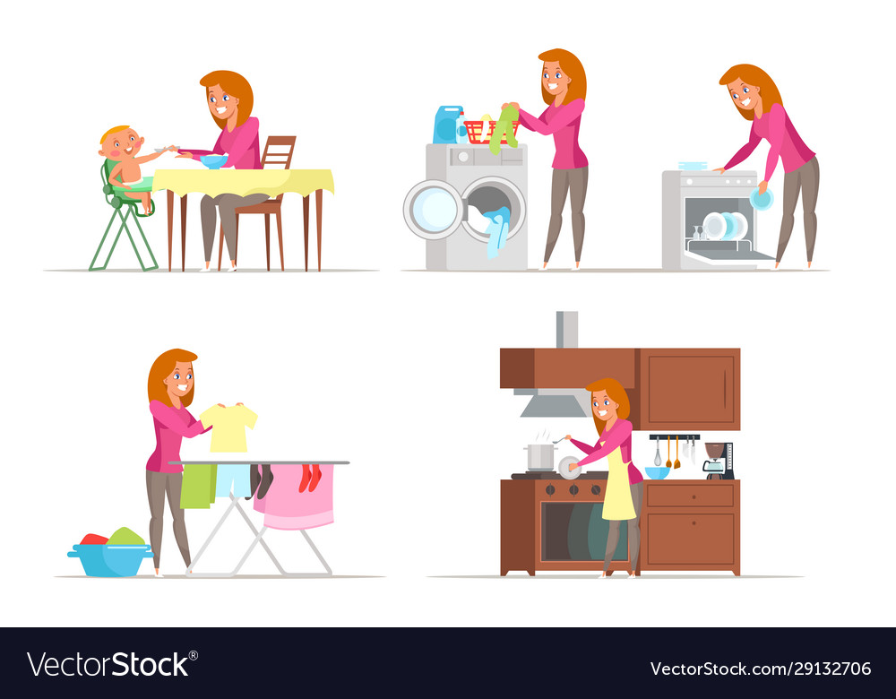 Housewife duties flat characters set Royalty Free Vector