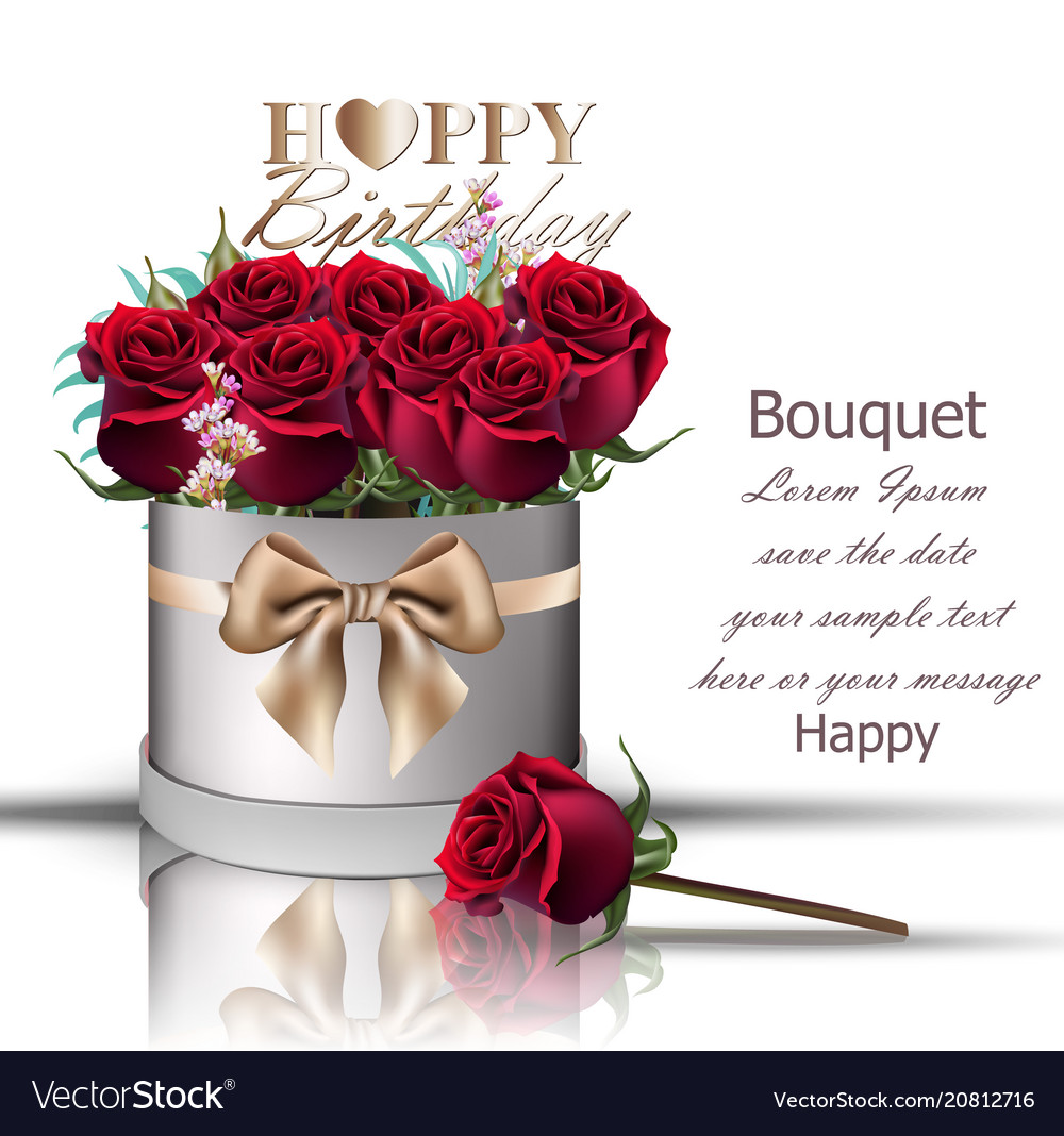 Happy Birthday Red Roses Bouquet Vintage Vector Image