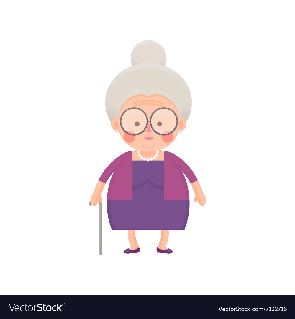 Old lady in purple dress with walking stick Vector Image