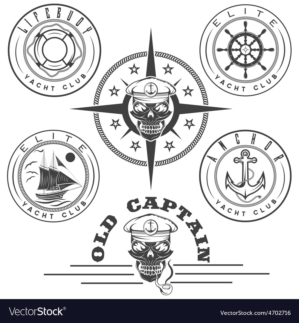 Set of vintage labels with boat captain skull