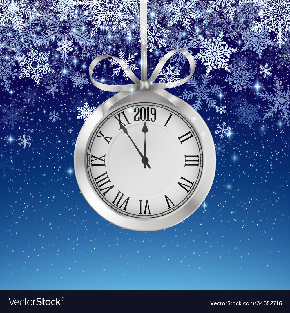 Winter background with snowfall and silver clock Vector Image