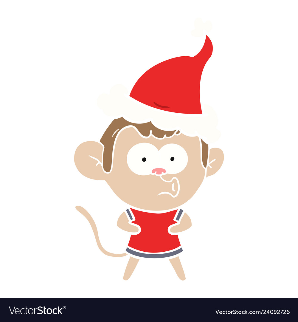 Flat color of a surprised monkey wearing santa hat