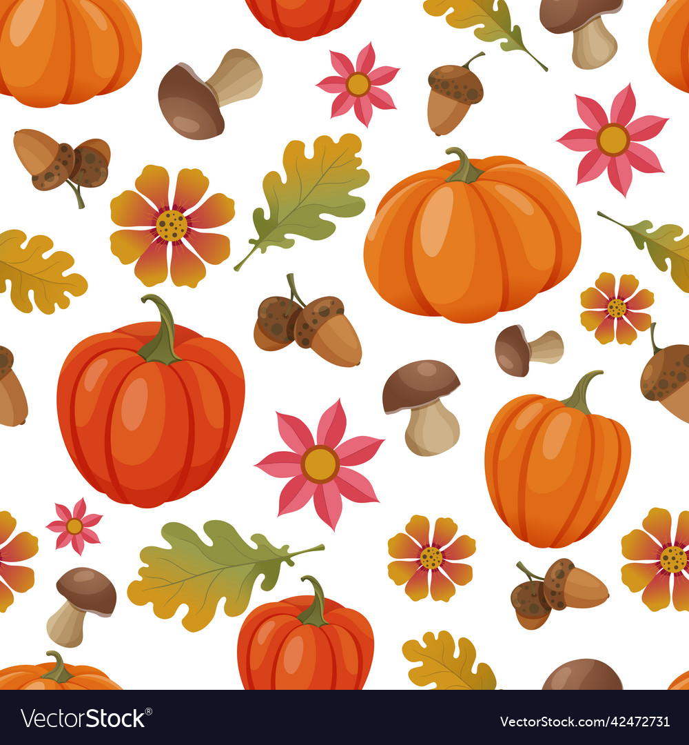 Seamless pattern with pumpkins acorn autumn leaves