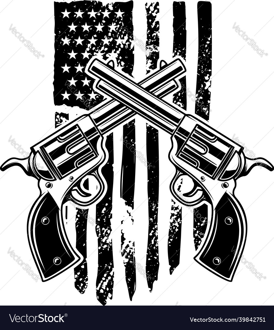 Crossed revolvers on american flag background vector image Crossed revolvers on american flag background