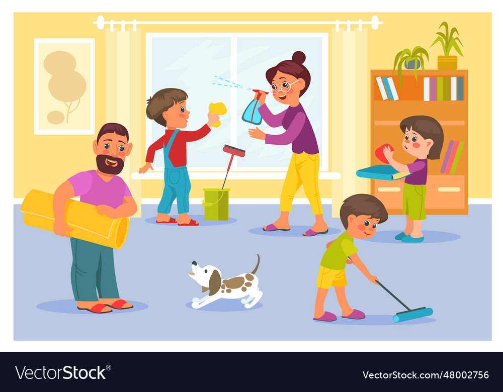 happy-family-tidying-up-room-children-helping-vector-image