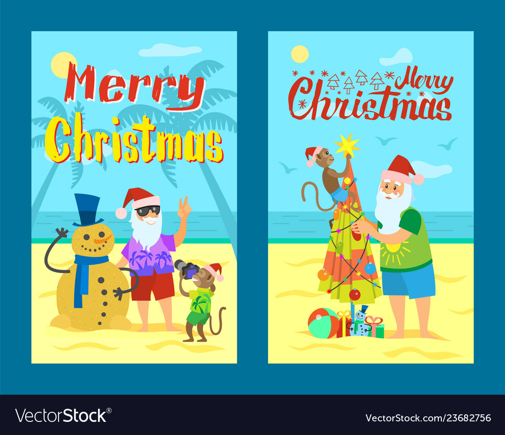 Santa claus making photo with snowman made of sand