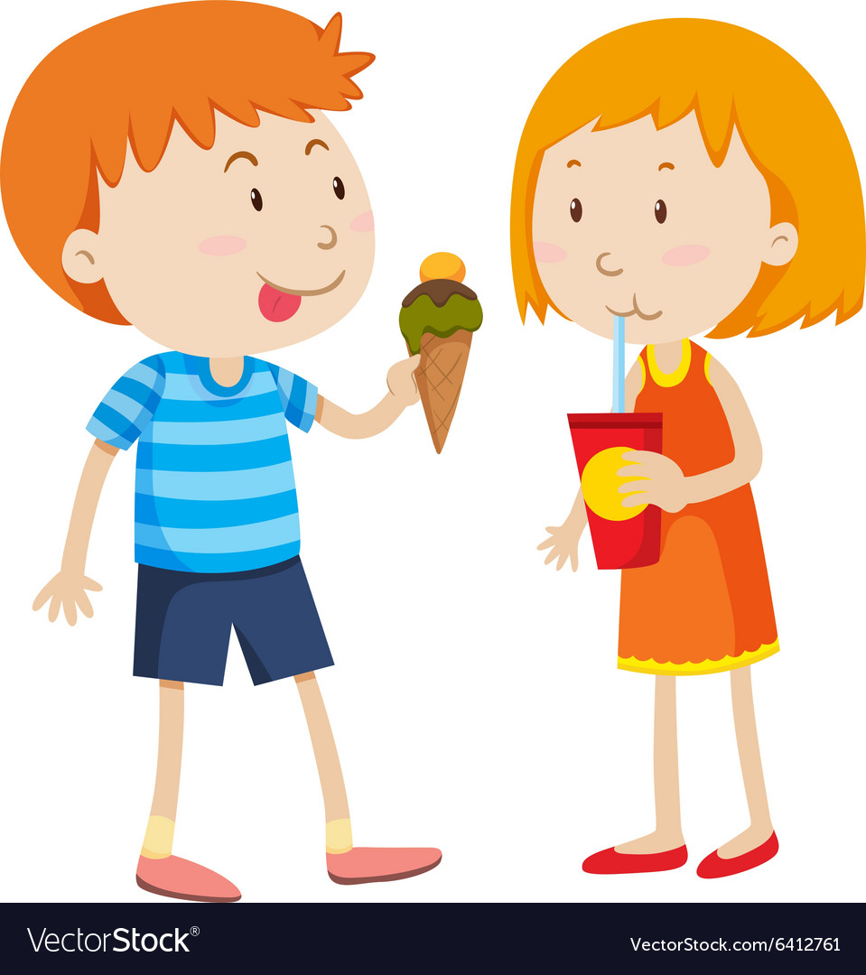 Boy eating icecream and girl drinking Royalty Free Vector