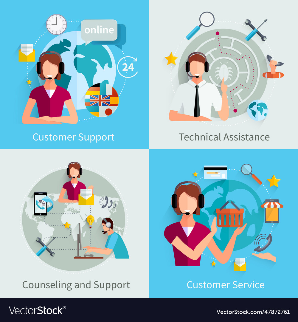 Customer support 4 flat icons square customer Vector Image