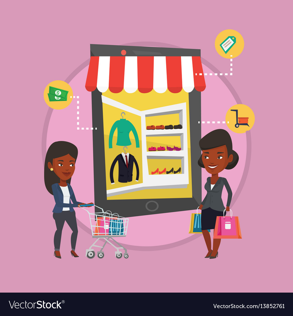 Two women doing shopping online Royalty Free Vector Image