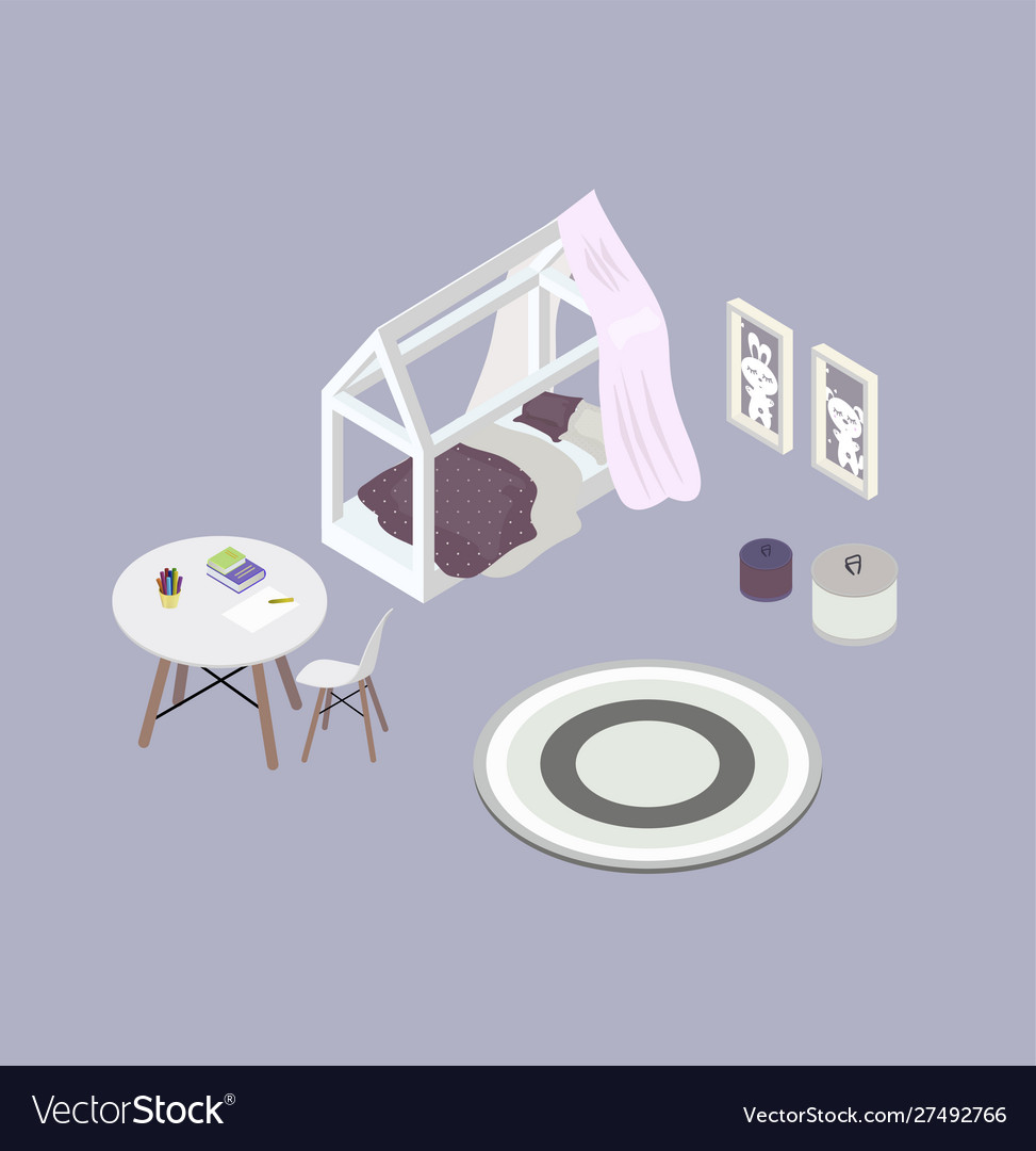 Isometric objects for a children room white bed