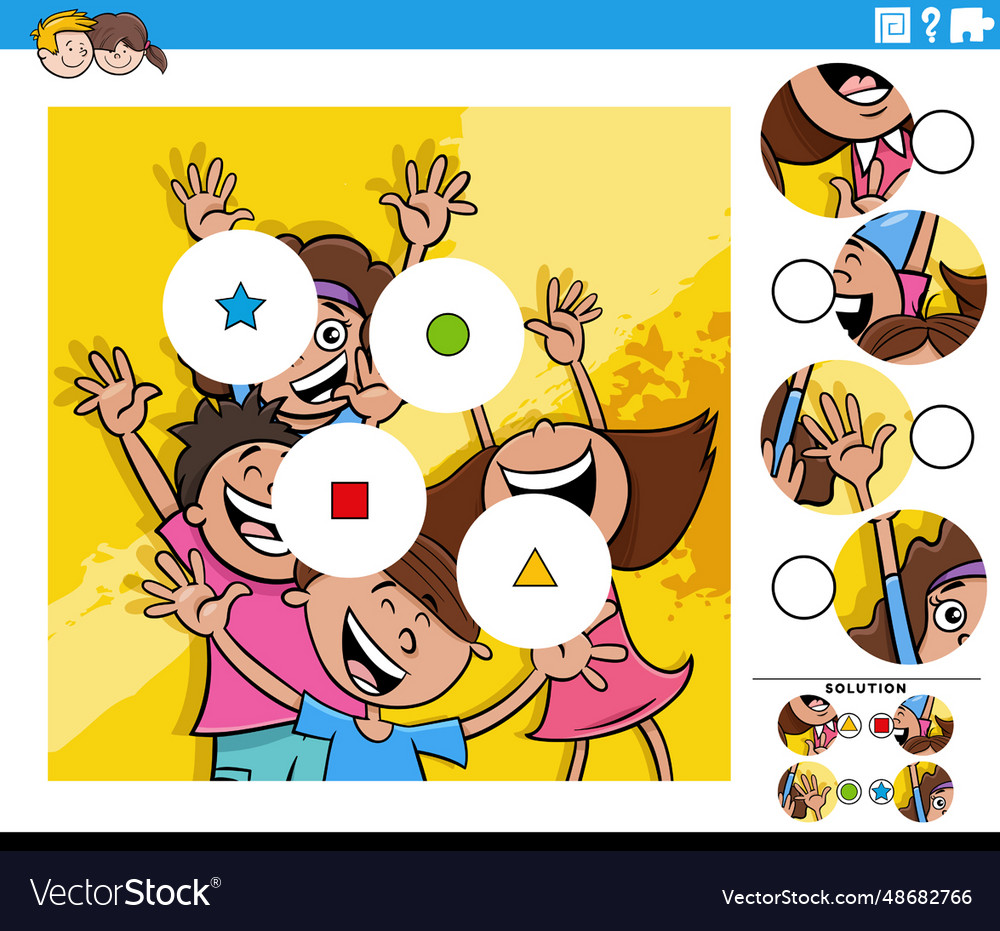 Match pieces game with cartoon happy children Vector Image