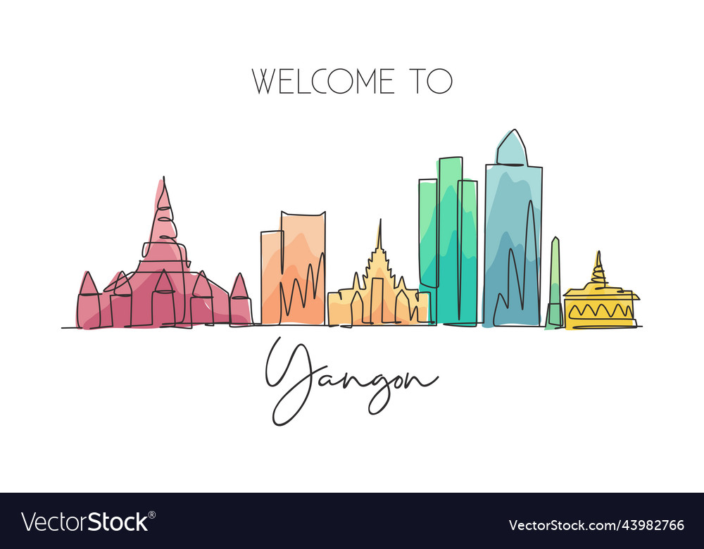 One Single Line Drawing Of Yangon City Skyline Vector Image 2988