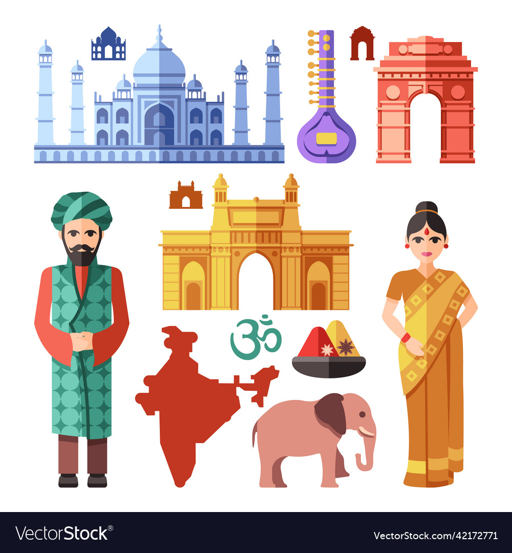 India flat icons with national landmarks Vector Image