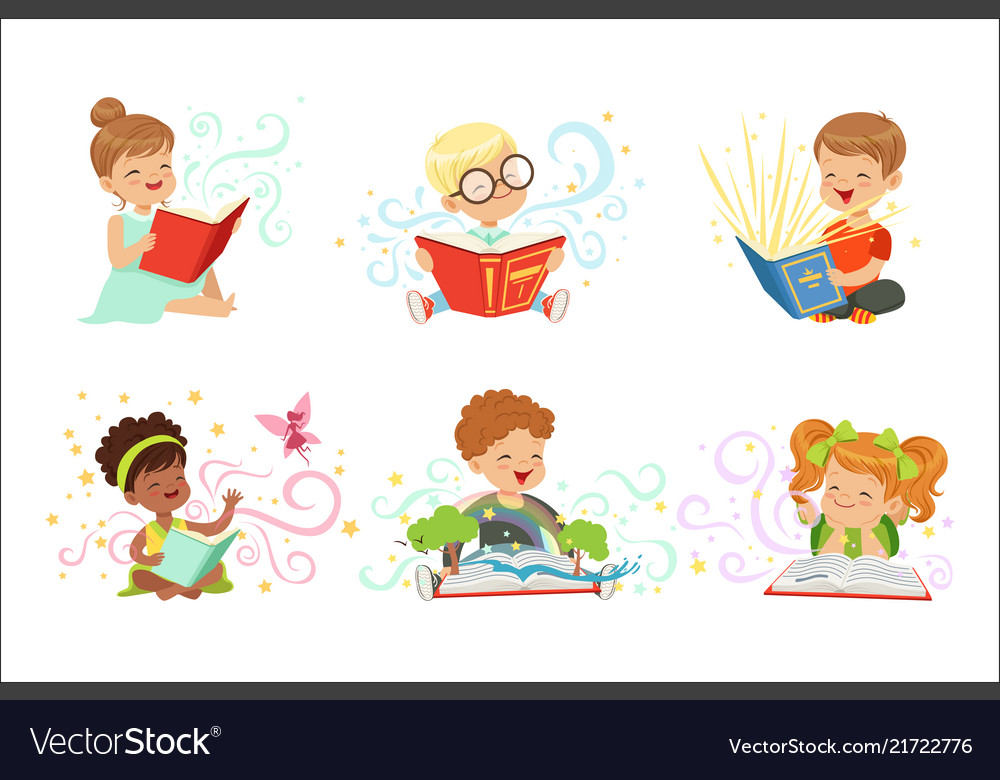 Adorable Little Boys And Girls Sitting And Reading