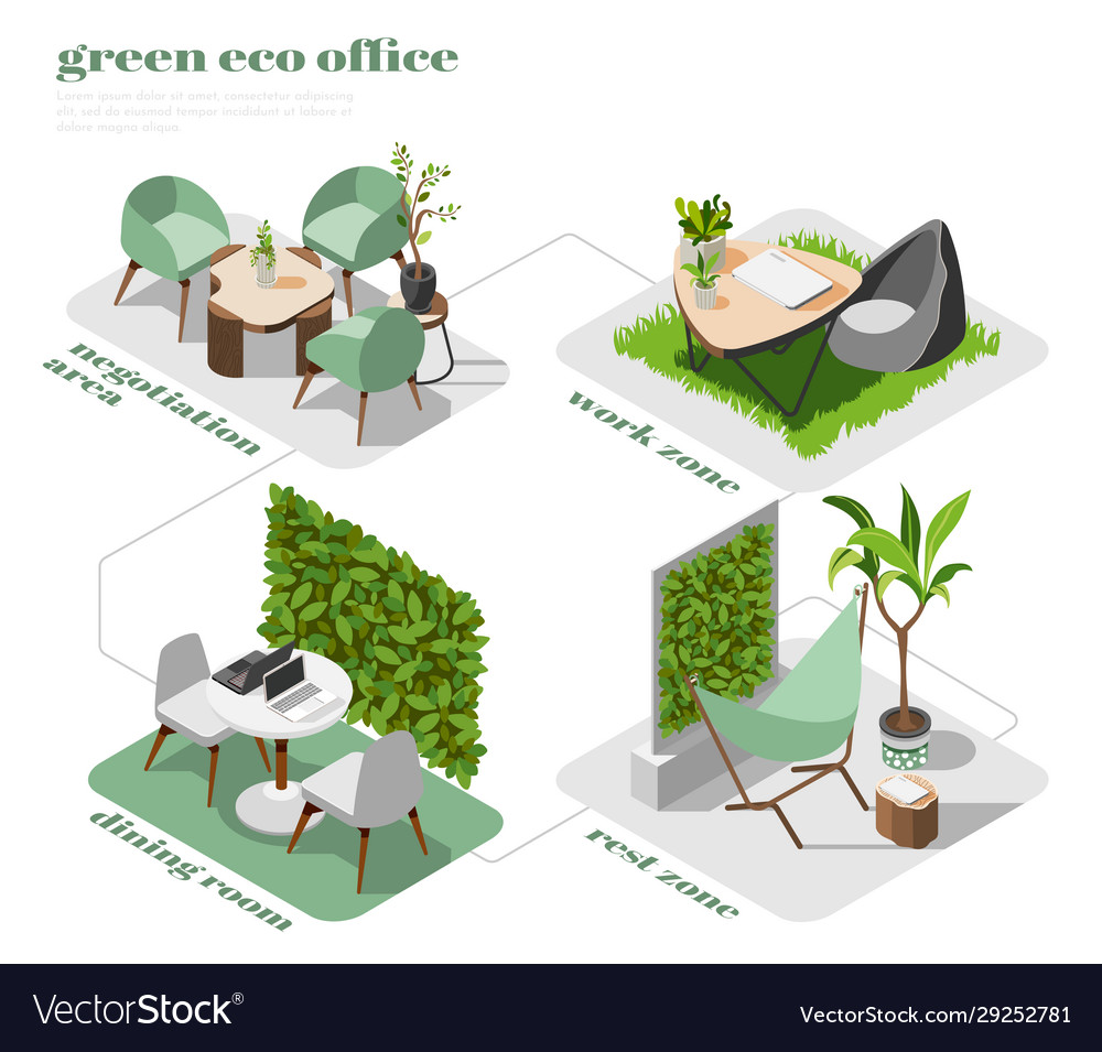 Green office isometric icon set Royalty Free Vector Image