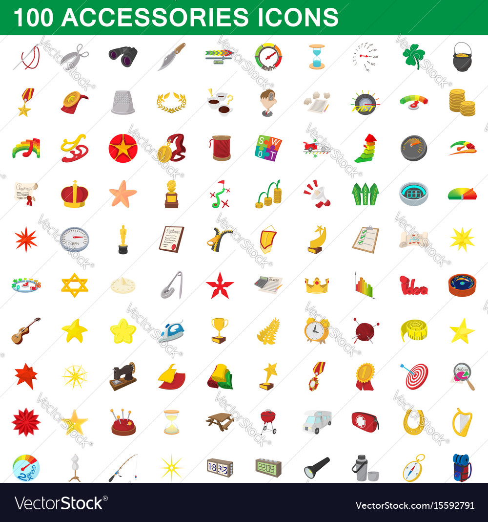 100 accessories icons set cartoon style Royalty Free Vector