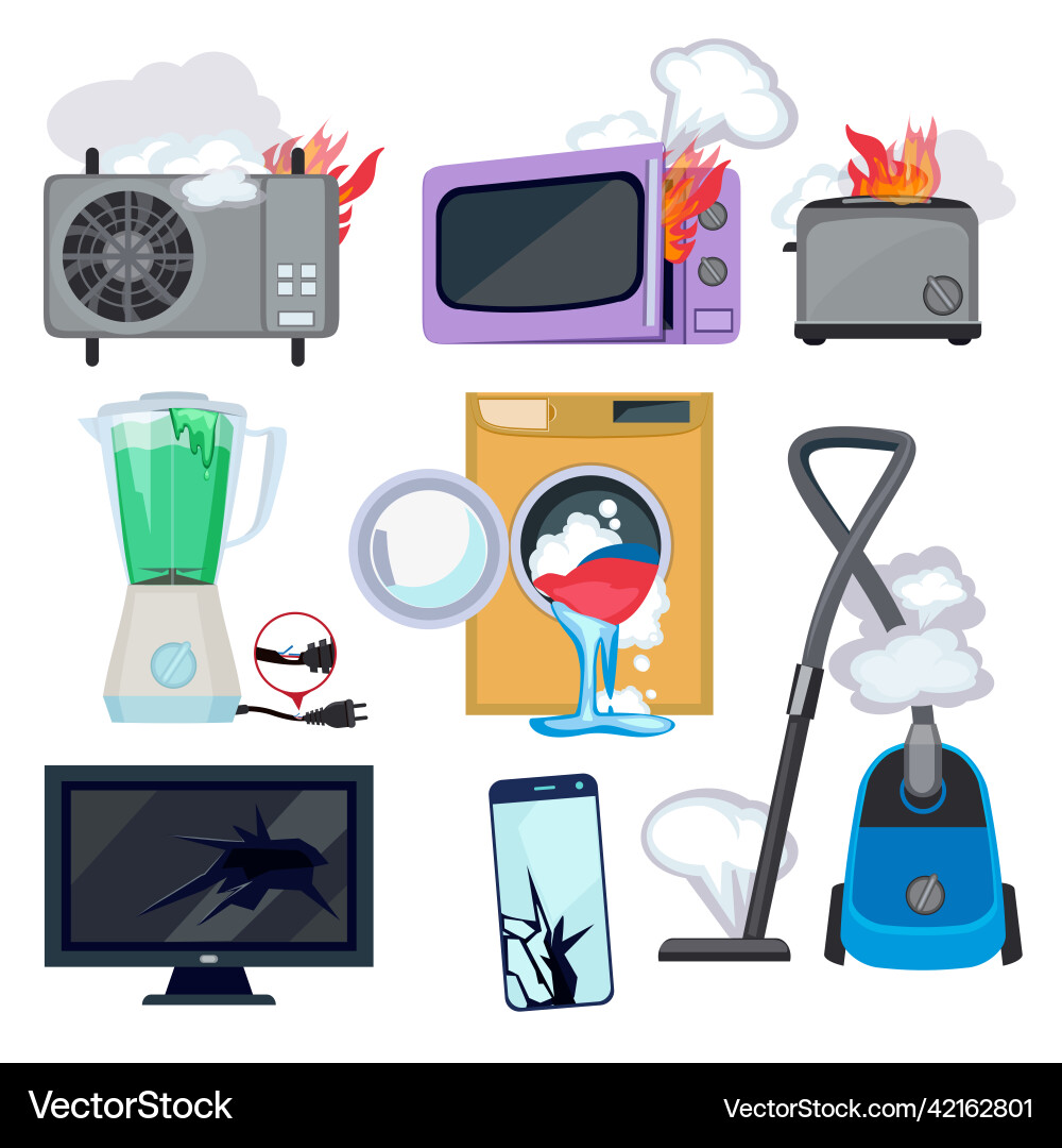 Damaged appliance broken household equipment fire Vector Image
