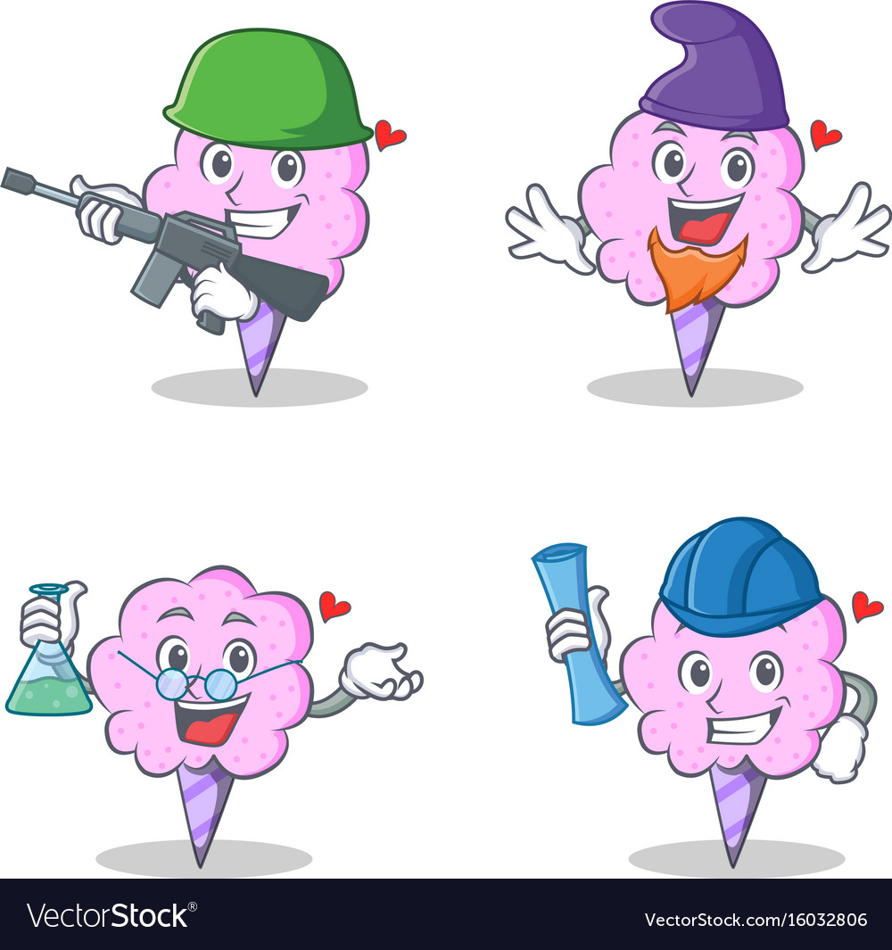 Cotton candy character set with army elf professor