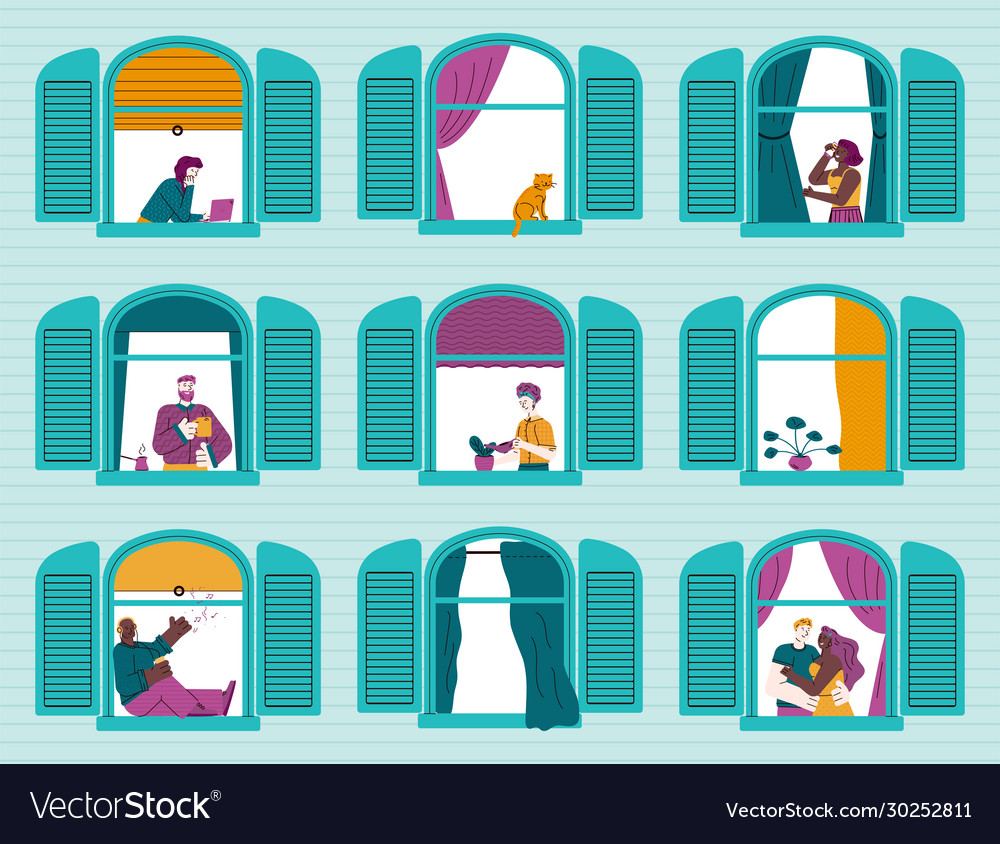 Building with cartoon people in windows sketch Vector Image Building with cartoon people in windows sketch Vector Image