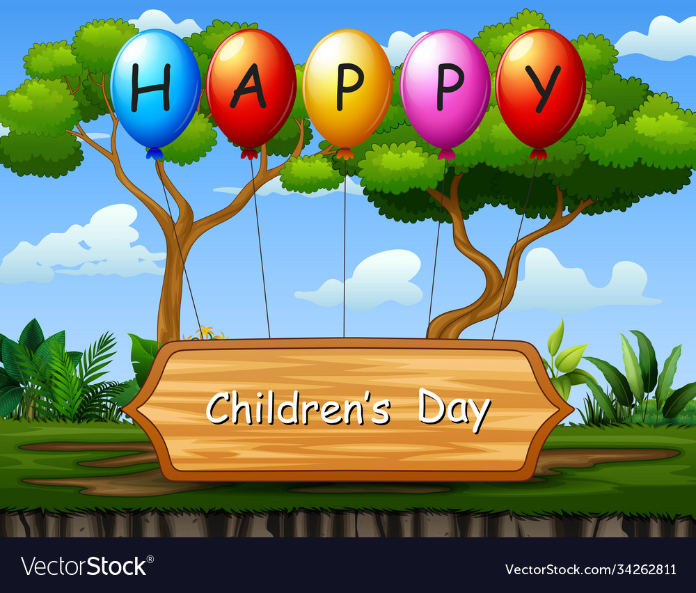 Happy children day text background with nature Vector Image